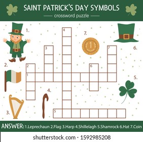 Vector Saint Patrick’s Day crossword puzzle. Bright and colorful spring quiz for children. Educational Irish holiday activity with leprechaun, hat, shamrock