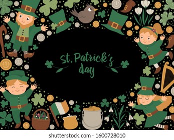 Vector Saint Patrick’s Day frame with leprechaun, shamrock isolated on black background. Irish holiday themed banner or invitation with place for text. Cute funny spring card template
