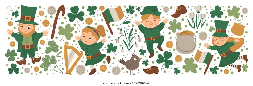 Vector Saint Patrick’s Day horizontal layout set with leprechaun, shamrock isolated on white background. Irish holiday themed banner or invitation. Cute funny spring background