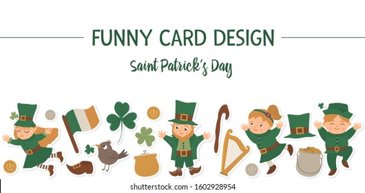 Vector Saint Patrick’s Day horizontal layout frame border with leprechaun, shamrock stickers isolated on white background. Irish holiday themed banner or invitation with place for text