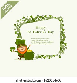 Vector Saint Patrick’s Day layout frame border with cartoon leprechaun, shamrock isolated on white background. Irish holiday themed banner or invitation with place for text. Cute funny spring card