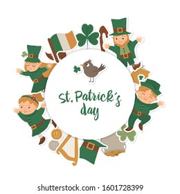 Vector Saint Patrick’s Day round frame with leprechaun, shamrock stickers isolated on white background. Irish holiday themed banner or invitation framed in circle. Cute funny spring card template
