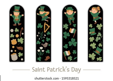 Vector Saint Patrick’s Day set of bookmarks for children. Cute leprechaun, fairy, shamrock on black background. holiday themed vertical layout card templates. Stationery for kids