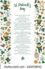 Vector Saint Patrick’s Day vertical layout frame border with leprechaun, shamrock isolated on white background. Irish holiday themed banner or invitation with place for text. Cute funny spring card