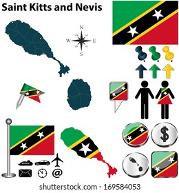 Vector of Saint Kitts and Nevis set with detailed country shape with region borders, flags and icons