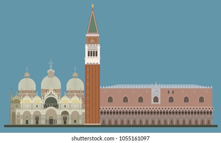 vector of saint Mark, Doge's palace and Campanile on blue background