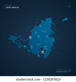 Vector Saint Martin
 map illustration with blue neon lightpoints - triangle on dark blue gradient background. Administrative divisions, cities, borders, capital. Neon tech background with glow. 