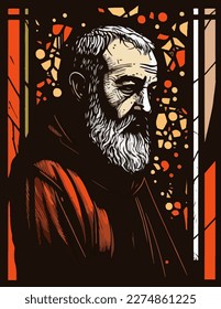 Vector of Saint Padre Pio in stained glass window style