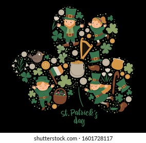 Vector Saint Patrick Day frame with leprechaun, shamrock on black background. Irish holiday themed banner or invitation framed in clover shape. Cute funny spring card template