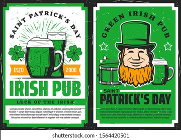 Vector Saint Patrick day Irish luck symbols of leprechaun in green hat with drum and shamrock lucky clover. Irish pub posters, St Patrick day holiday celebration bar beer mugs and pints