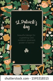 Vector Saint Patrick Day vertical layout frame with leprechaun, shamrock on black background. Irish holiday themed banner or invitation. Cute funny spring card template