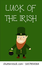 

Vector Saint Patrick illustration. St. Patrick greeting card wirh leprechaun ot the green background.