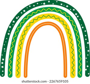 Vector Saint Patrick's Day boho Regenbogen mit Klee. Dieser Regenbogen hat die Tagesfarben von Patric in orangefarbener, weißer und grüner Farbe. Verleihen Sie Ihren Designs am St. Patrick's Day eine Farbe und viel Glück für Ihre Designs 
