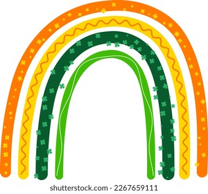 Vector Saint Patrick's day boho rainbow with clovers. This rainbow has Patric's day colors of orange, white and green color. Add a pop of color and good luck to your St. Patrick's Day designs 