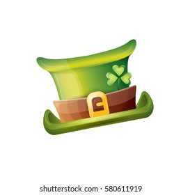 vector saint patrick's day green glossy hat with lucky clover isolated on white background. vector vintage leprechaun green cartoon hat label