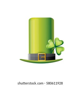 vector saint patrick's day green glossy hat with lucky clover isolated on white background. vector vintage leprechaun green cartoon hat label