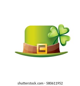 Vector Saint Patrick's Day Green Glossy Hat With Lucky Clover Isolated On White Background. Vector Vintage Leprechaun Green Cartoon Hat Label