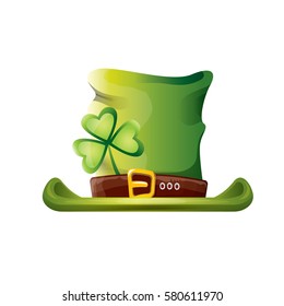 vector saint patrick's day green glossy hat with lucky clover isolated on white background. vector vintage leprechaun green cartoon hat label