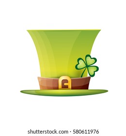 vector saint patrick's day green glossy hat with lucky clover isolated on white background. vector vintage leprechaun green cartoon hat label