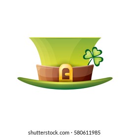 vector saint patrick's day green glossy hat with lucky clover isolated on white background. vector vintage leprechaun green cartoon hat label