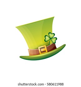 vector saint patrick's day green glossy hat with lucky clover isolated on white background. vector vintage leprechaun green cartoon hat label