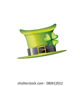 vector saint patrick's day green glossy hat with lucky clover isolated on white background. vector vintage leprechaun green cartoon hat label