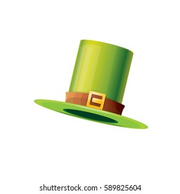 vector saint patrick's day green glossy hat with lucky clover isolated on white background. vector vintage leprechaun green cartoon hat label