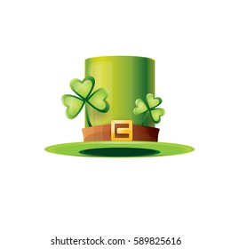 vector saint patrick's day green glossy hat with lucky clover isolated on white background. vector vintage leprechaun green cartoon hat label