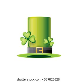 vector saint patrick's day green glossy hat with lucky clover isolated on white background. vector vintage leprechaun green cartoon hat label