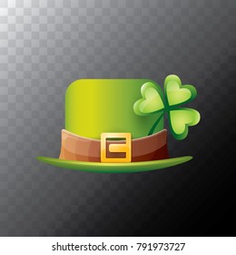 vector saint patrick's day green glossy hat with lucky clover isolated on transparent background. vector vintage leprechaun green cartoon hat with leather belt