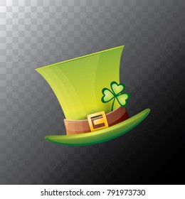 vector saint patrick's day green glossy hat with lucky clover isolated on transparent background. vector vintage leprechaun green cartoon hat with leather belt