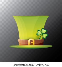 vector saint patrick's day green glossy hat with lucky clover isolated on transparent background. vector vintage leprechaun green cartoon hat with leather belt