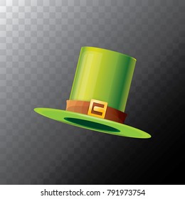 vector saint patrick's day green glossy hat clover isolated on transparent background. vector vintage leprechaun green cartoon hat with leather belt