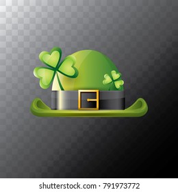 vector saint patrick's day green glossy hat with lucky clover isolated on transparent background. vector vintage leprechaun green cartoon hat with leather belt