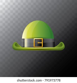 vector saint patrick's day green glossy hat clover isolated on transparent background. vector vintage leprechaun green cartoon hat with leather belt