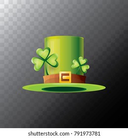 vector saint patrick's day green glossy hat with lucky clover isolated on transparent background. vector vintage leprechaun green cartoon hat with leather belt