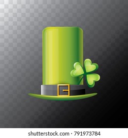 vector saint patrick's day green glossy hat with lucky clover isolated on transparent background. vector vintage leprechaun green cartoon hat with leather belt