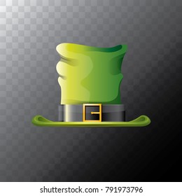 vector saint patrick's day green glossy hat clover isolated on transparent background. vector vintage leprechaun green cartoon hat with leather belt