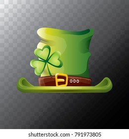 vector saint patrick's day green glossy hat with lucky clover isolated on transparent background. vector vintage leprechaun green cartoon hat with leather belt