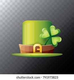 vector saint patrick's day green glossy hat with lucky clover isolated on transparent background. vector vintage leprechaun green cartoon hat with leather belt