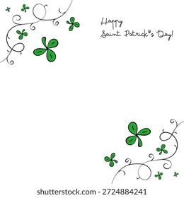 Vector Saint Patricks Day greeting card with hand drawn green clovers, elegant swirling lines, and handwritten text. Clean white background for greeting cards, invitations, and festive designs.