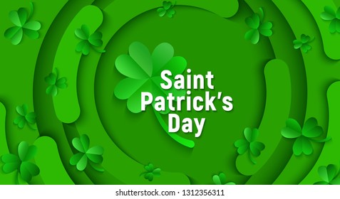Vector Saint Patricks day holiday poster background. Green shamrocks, symbols of luck on abstract green waves backdrop. Irish national celebration, invitation card, promotion banner design.