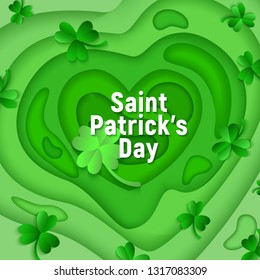 Vector Saint Patricks day holiday poster background. Green shamrocks, symbols of luck on abstract green waves backdrop. Irish national celebration, invitation card, promotion banner design.