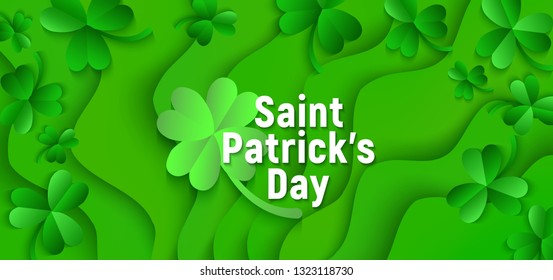 Vector Saint Patricks day holiday poster background. Green shamrocks, symbols of luck on abstract green waves backdrop. Irish national celebration, invitation card, promotion banner design.