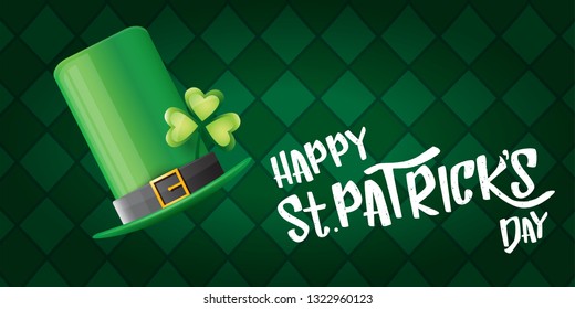 vector saint patrick's day horizontal banner with greeting text and green patrikcs hat on green plaid pattern background. saint patrick's day poster or banner design template 