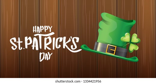 vector saint patrick's day horizontal banner with greeting text and green patrikcs hat on wooden background. saint patrick's day poster or banner design template