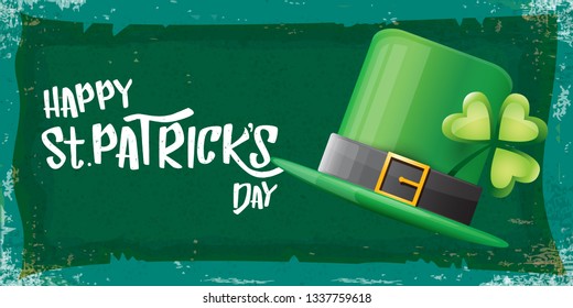 vector saint patrick's day horizontal banner with greeting text and green patrikcs hat on green grunge background. saint patrick's day poster or banner design template