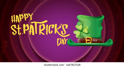 vector saint patrick's day horizontal banner with greeting text and green patrikcs hat on violet background. saint patrick's day poster or banner design template