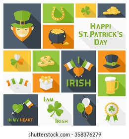 Vector Saint Patrick's Day icons,sign,symbol,pictogram set for web,illustrations and design elements in flat style with ling shadow