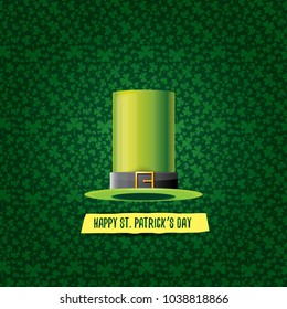 vector saint patrick's day label with glossy hat and ribbon with text isolated on green background. saint patrick's day poster or banner design template